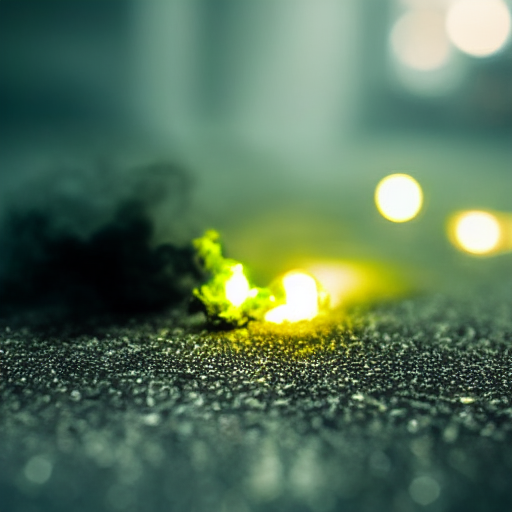 A close-up of the vial shattering on the ground, surrounded by black smoke and sparks of green light.